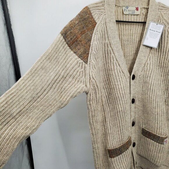Niffi Ecoose British Wool Knit Cardigan Harris Tweed Patches Men Size Large NWT - Picture 4 of 16
